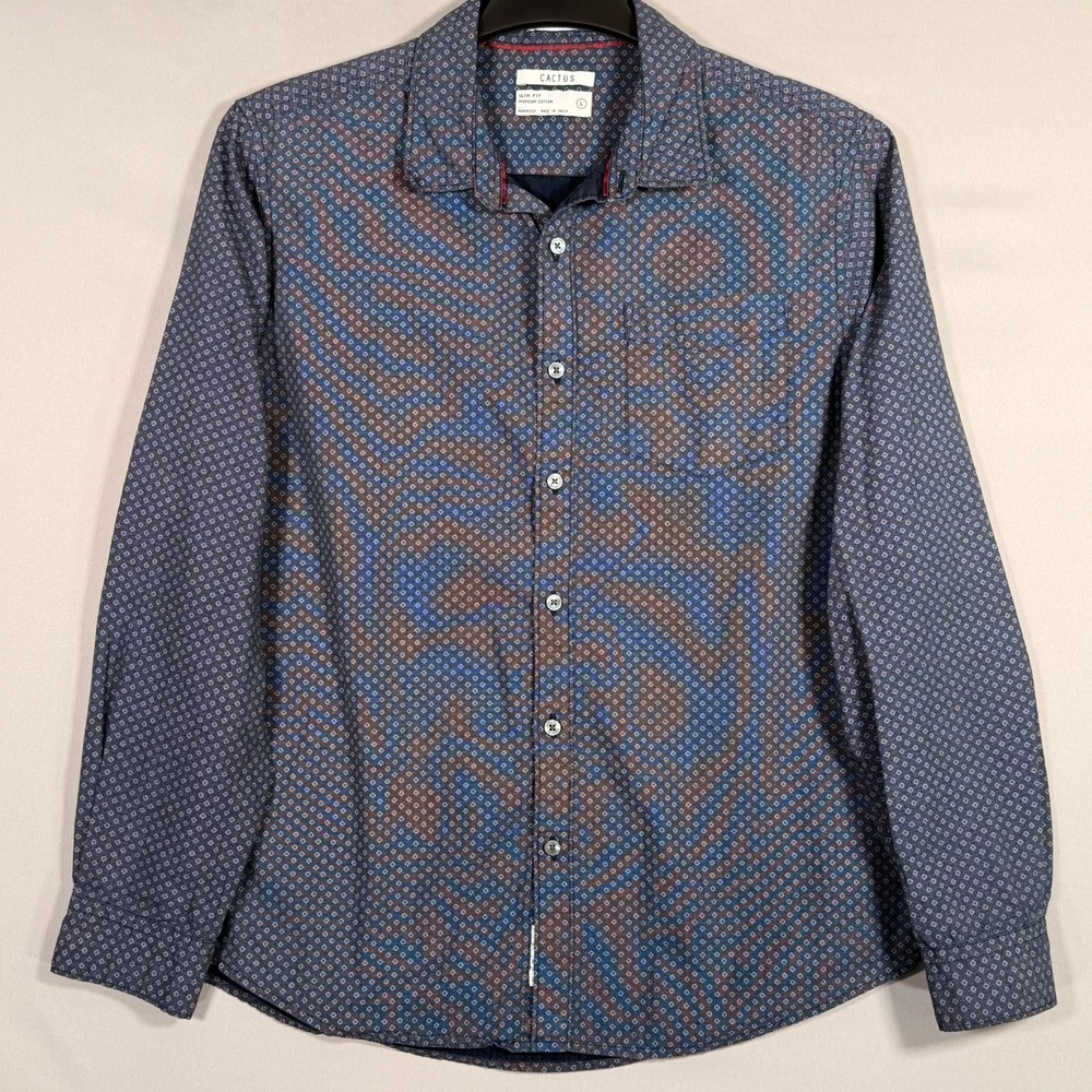 Cactus Man Cotton Slim Fit Long Sleeve Blue Geometric‎ Shirt Men's Large Cooling - Picture 2 of 7